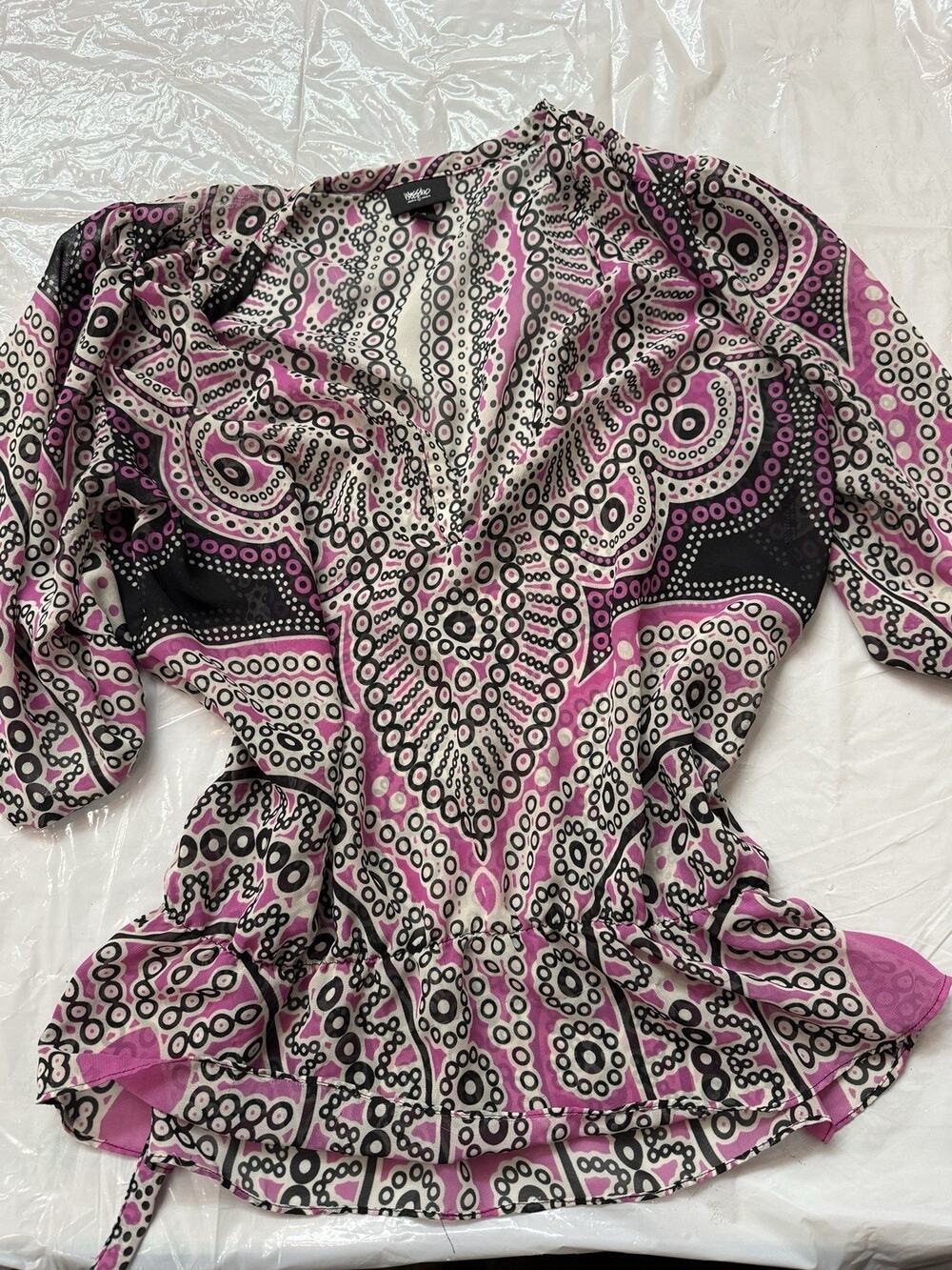 Mossimo Y2K Medium Quarter Sleeve Chiffon Blouse Pink Black Peplum Top